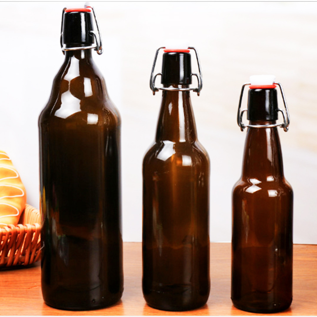 Home Brewing Glass Beer Bottle with Easy Wire Swing Cap Airtight Rubber Seal Amber 16 oz