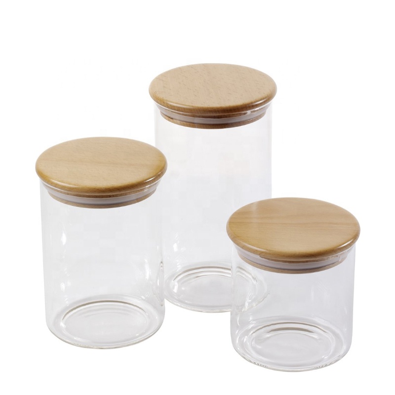 Home Food Grade Borosilicate Bamboo Lid Airtight Storage Container Bulk Set Glass Cylinder Jar