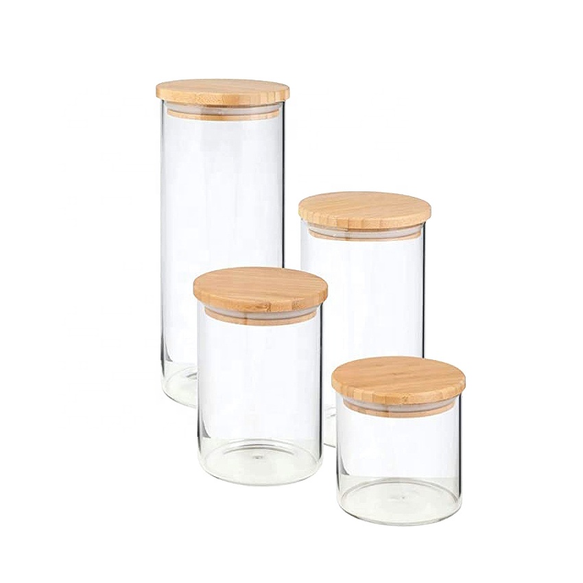 Home Food Grade Borosilicate Bamboo Lid Airtight Storage Container Bulk Set Glass Cylinder Jar