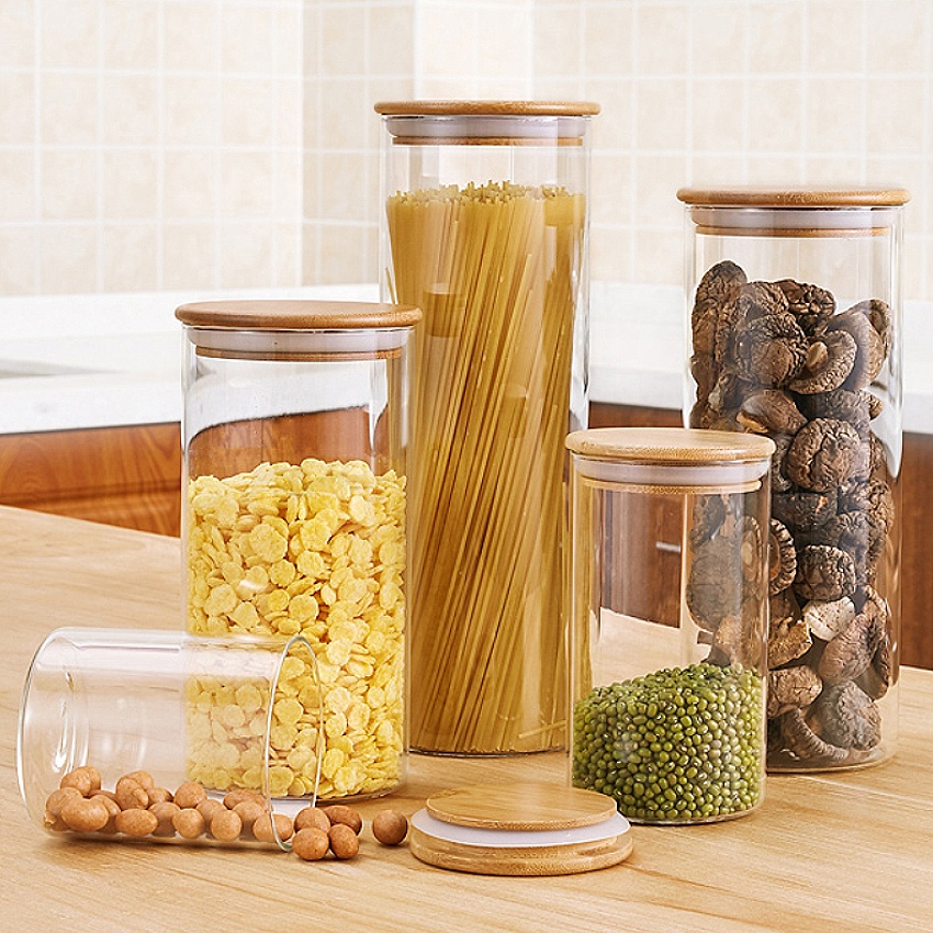 Home Food Grade Borosilicate Bamboo Lid Airtight Storage Container Bulk Set Glass Cylinder Jar