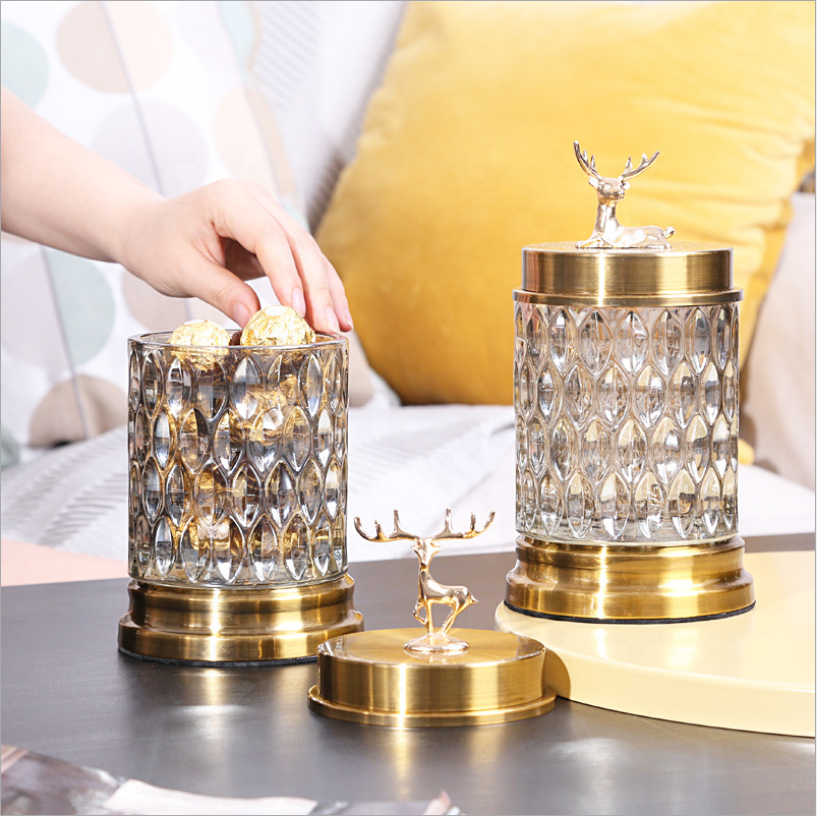 Home Hotel Restaurant Wedding Gold Luxury Horizontal Stag Glass Jar For Dry Fruit Glass Candy Jar
