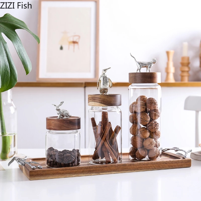 Home Kitchen Accessories Glass Sealed Storage Jar Wooden Bottle Cap Spice Jars Ornaments Salt Food Container