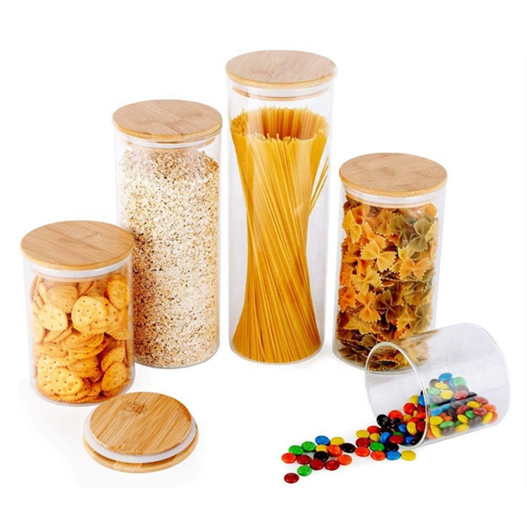 Home Kitchen Empty High Borosilicate Glass Cake Storage Jar with Bamboo Lid