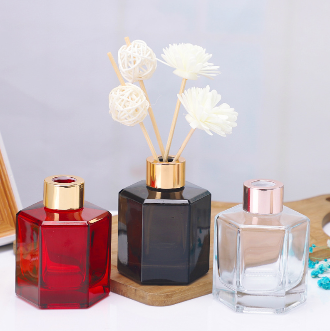 Home Red Clear Hexagonal Prisms Screen Printing 120ml Empty Perfume Reed Diffuse Glass Bottle