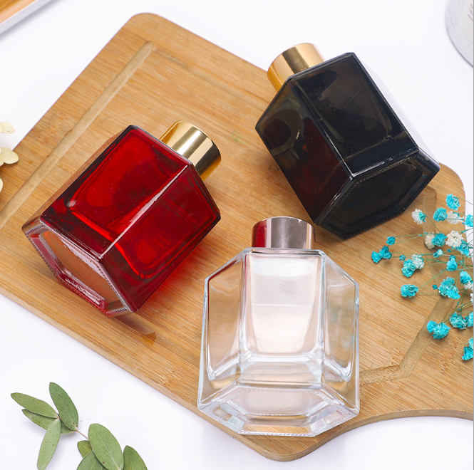 Home Red Clear Hexagonal Prisms Screen Printing 120ml Empty Perfume Reed Diffuse Glass Bottle