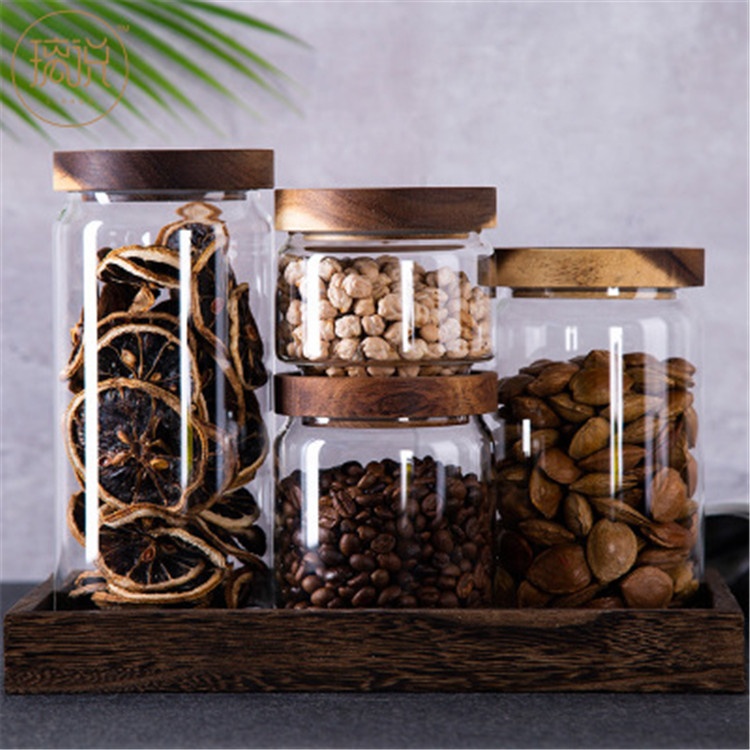 Home Use High Borosilicate Glass Food Storage Jar with Sealed Acacia Wooden Lid Jar