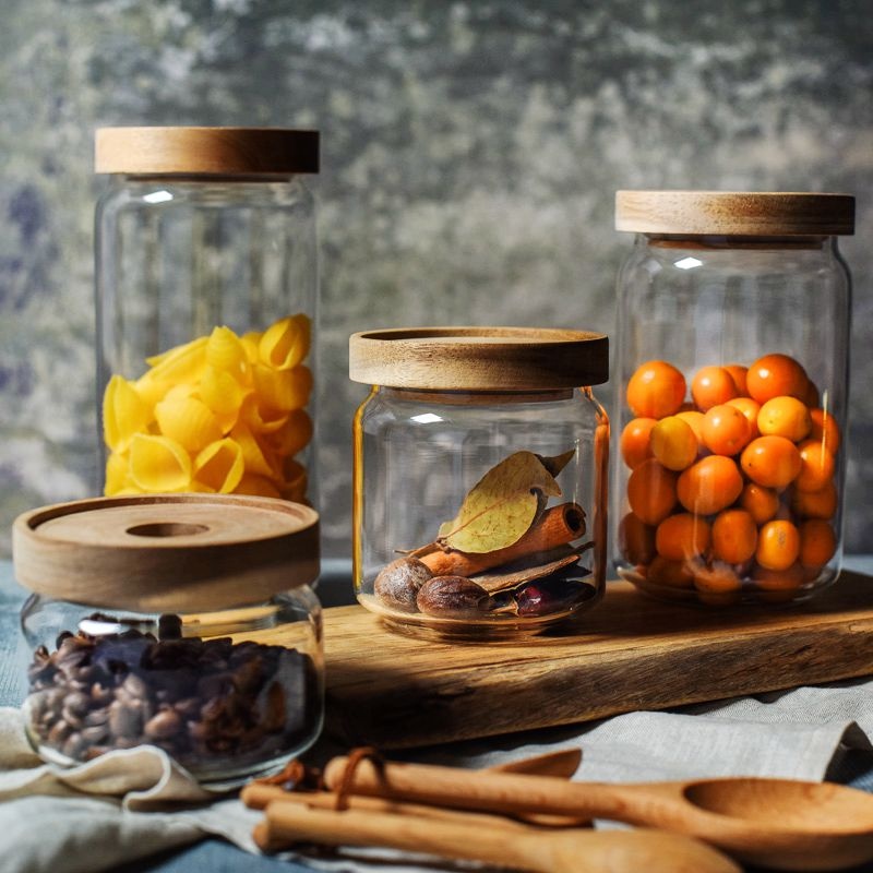 Home Use High Borosilicate Glass Food Storage Jar with Sealed Acacia Wooden Lid Jar