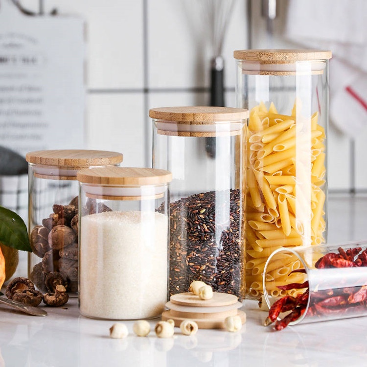 Home advantage customized logo borosilicate glass jar bamboo lid