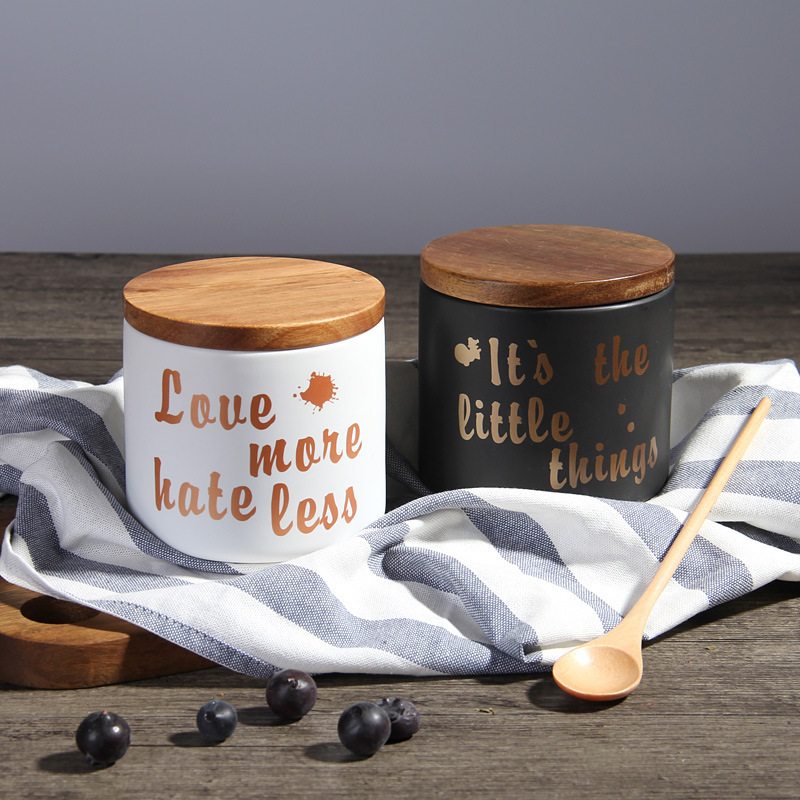 Home decor Nordic ceramic wooden lid airtight jar/Dried fruits grains tea food storage jar