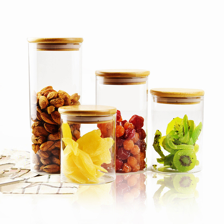 Home usage clear glass spice jar eco-friendly durable glass hermetic glass storage jars with wooden lid