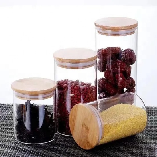 Home usage clear glass spice jar eco-friendly durable glass hermetic glass storage jars with wooden lid