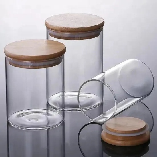 Home usage clear glass spice jar eco-friendly durable glass hermetic glass storage jars with wooden lid