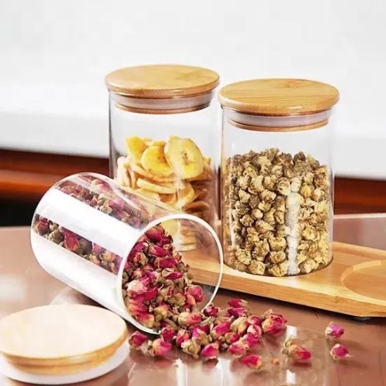 Home usage clear glass spice jar eco-friendly durable glass hermetic glass storage jars with wooden lid
