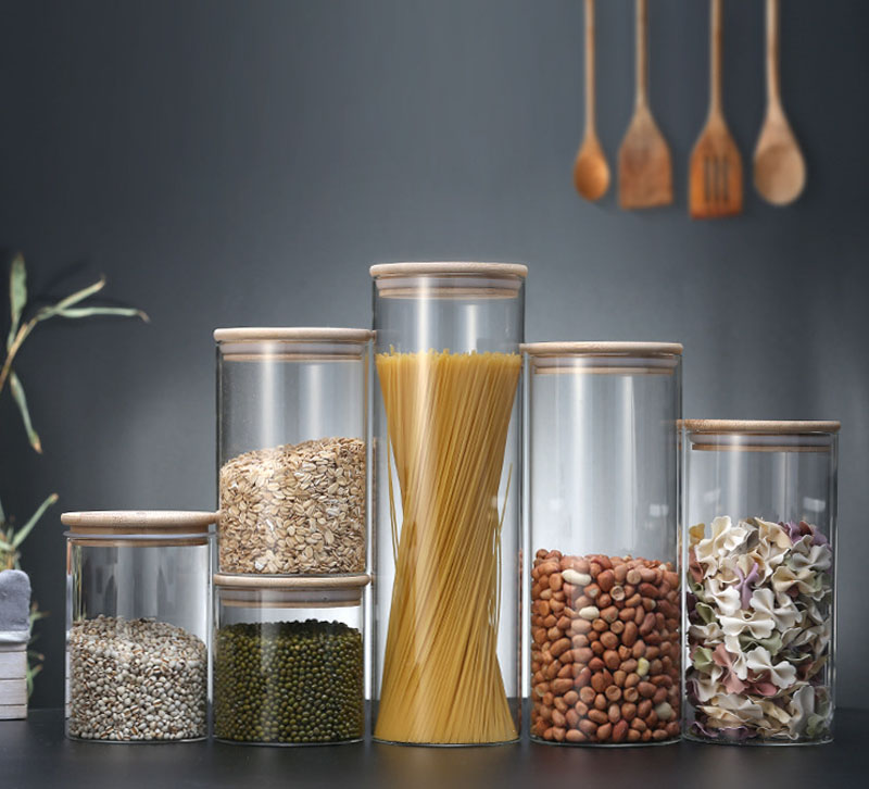 Home usage clear glass spice jar eco-friendly durable glass hermetic glass storage jars with wooden lid