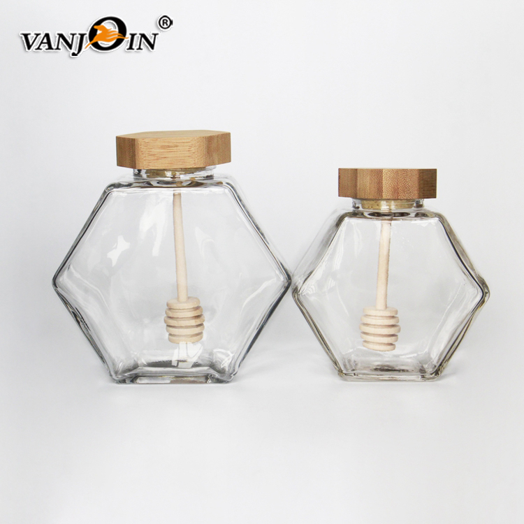 Homeland 100mL,220ml,380ml Hexagonal Honey Jar for honey Storage Packaging Wholesale with wooden lids