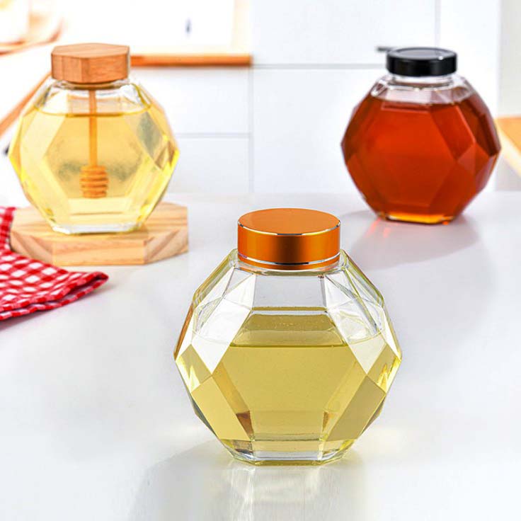Honey Bottle Honeycomb Shape Hexagonal Glass storage Pot Honey Jar with Wooden Dipper and Bamboo Lid