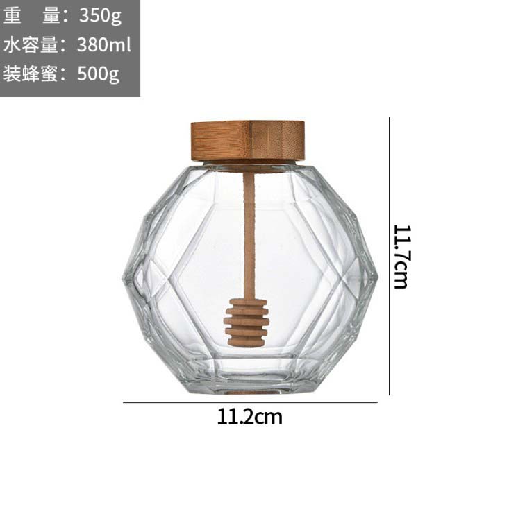 Honey Bottle Honeycomb Shape Hexagonal Glass storage Pot Honey Jar with Wooden Dipper and Bamboo Lid