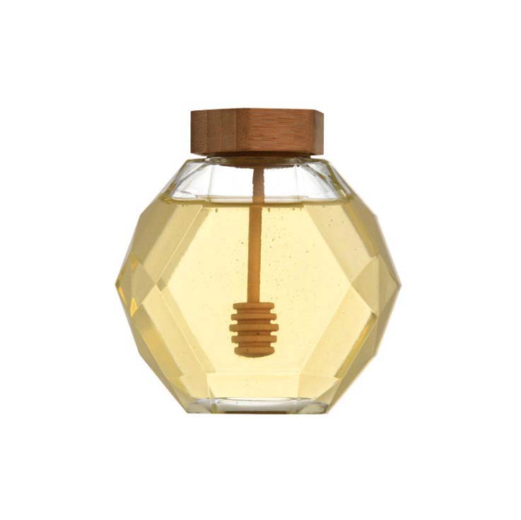 Honey Bottle Honeycomb Shape Hexagonal Glass storage Pot Honey Jar with Wooden Dipper and Bamboo Lid