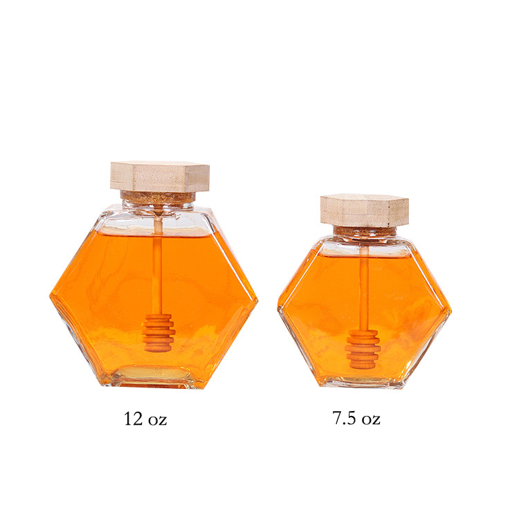 Honey Glass Jar Hexagon With Wood And Honey Dipper 530ml storage jars glass pentagon bamboo jar hexagon with muddler