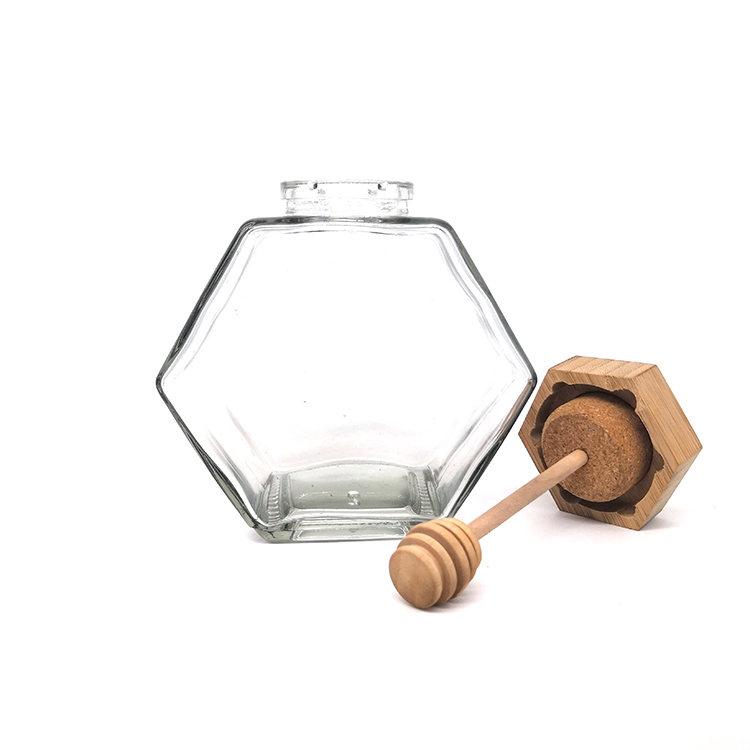 Honey Glass Jar Hexagon With Wood And Honey Dipper 530ml storage jars glass pentagon bamboo jar hexagon with muddler