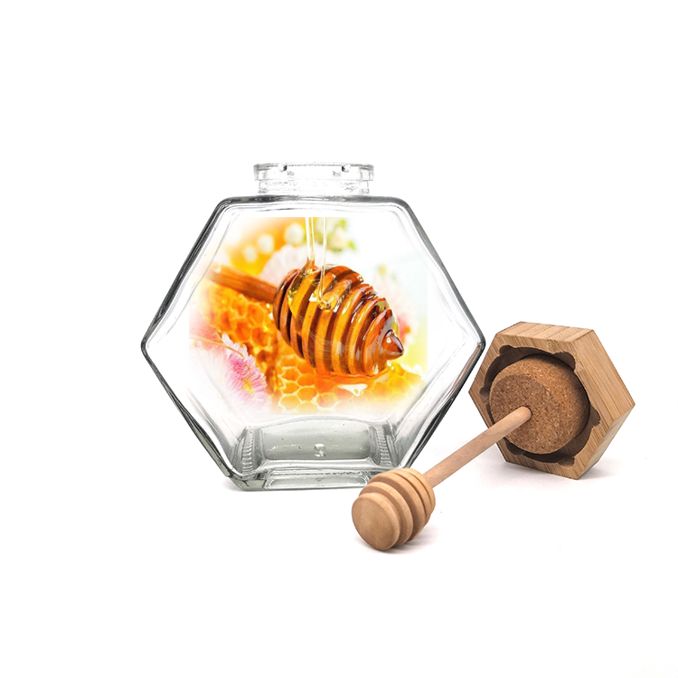 Honey Glass Jar Hexagon With Wood And Honey Dipper 530ml storage jars glass pentagon bamboo jar hexagon with muddler