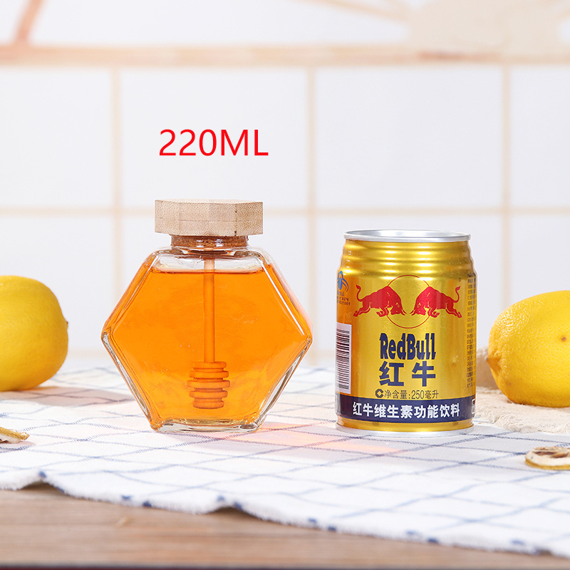 Honey Glass Jar Hexagon With Wood And Honey Dipper 530ml storage jars glass pentagon bamboo jar hexagon with muddler