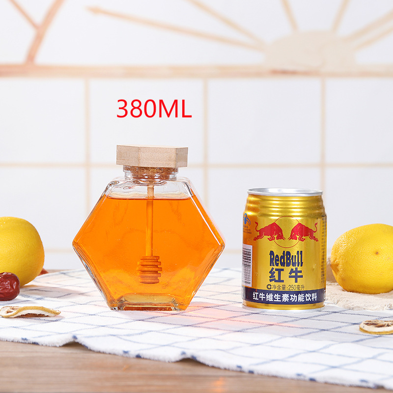 Honey Glass Jar Hexagon With Wood And Honey Dipper 530ml storage jars glass pentagon bamboo jar hexagon with muddler