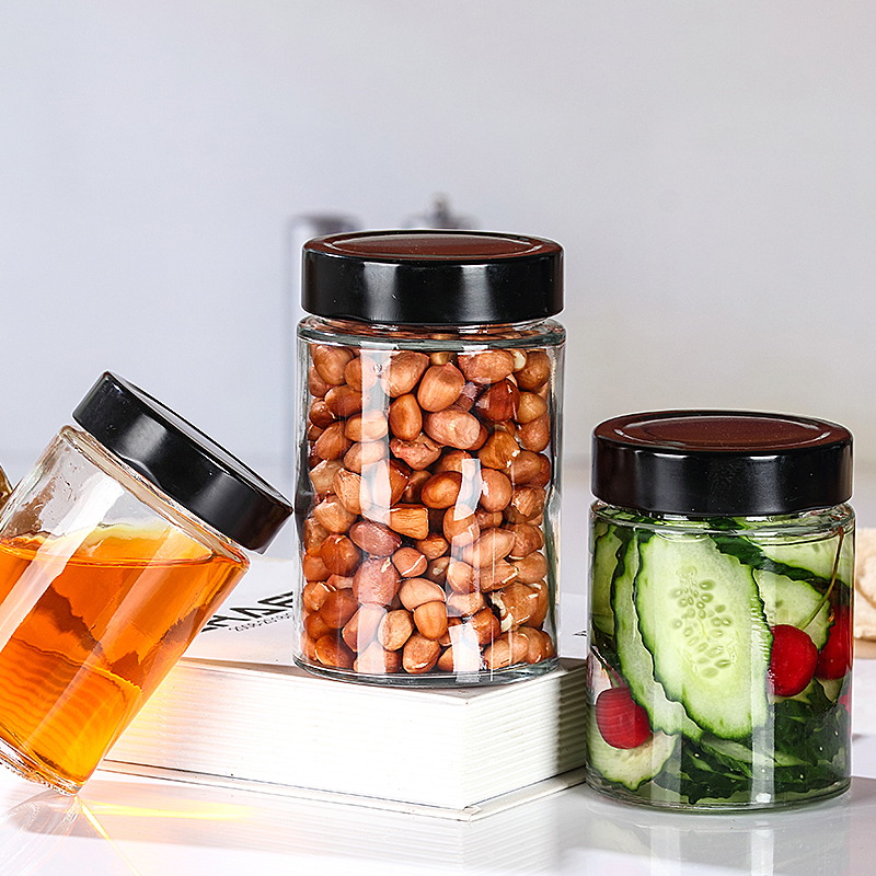 Honey glass bottle Clear Straight Side Round Shape Jam Glass Jar with Metal Caps