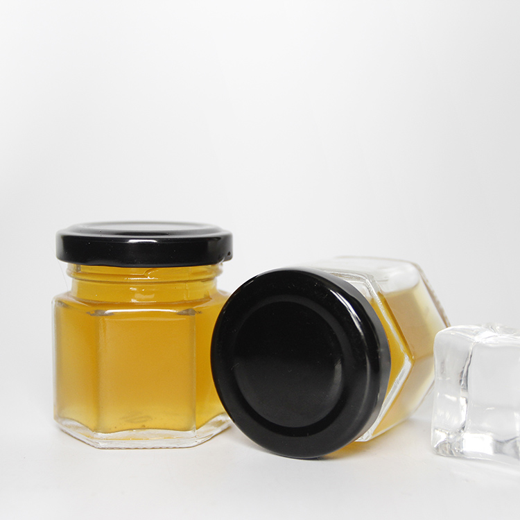 Honey jar glass hex jar hexagonal shape glass jars with metal lid for jam 45ml 1.5oz