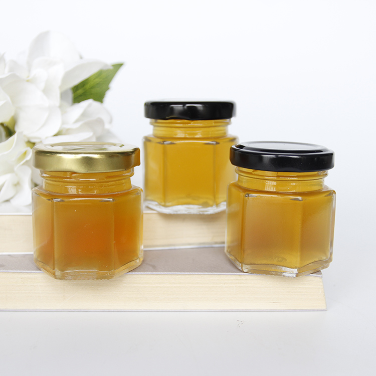 Honey jar glass hex jar hexagonal shape glass jars with metal lid for jam 45ml 1.5oz
