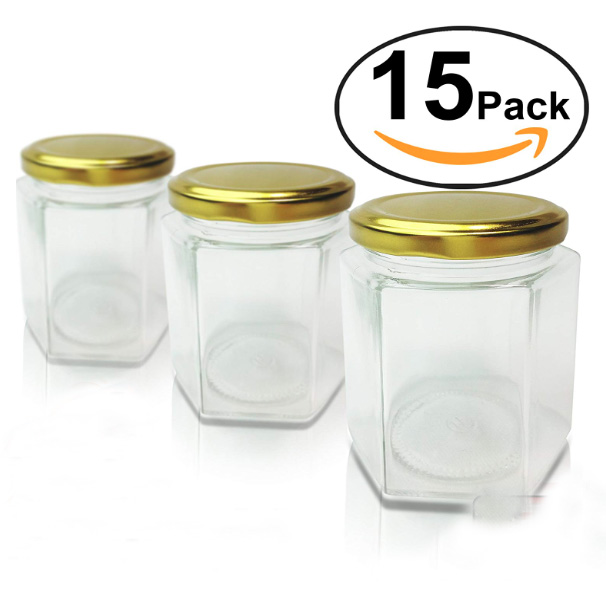 Honey preserves glass jar with lid hexagonal 12oz gold lids
