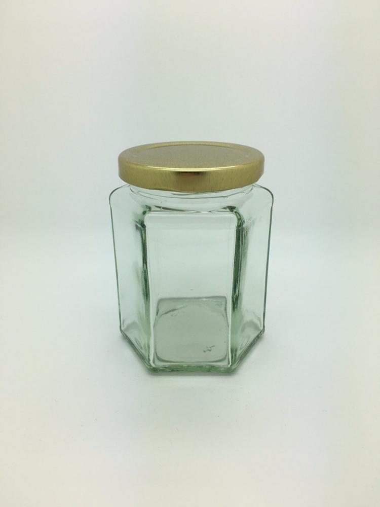 Honey preserves glass jar with lid hexagonal 12oz gold lids