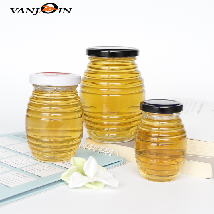 Horizontal stripes honey jar glass round honey jar glass bottles big honey glass pickle jar