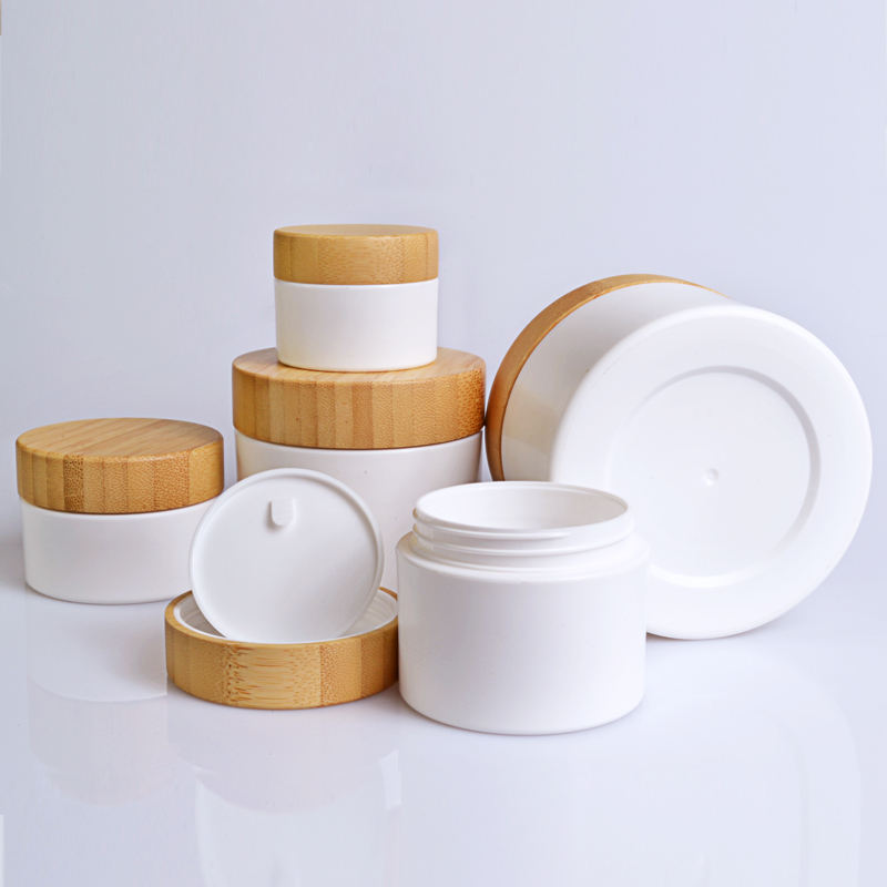 Hot 15ml 30ml 50ml 100ml 150ml 200ml 250ml white PP plastic cosmetic cream jar with bamboo wooden lid