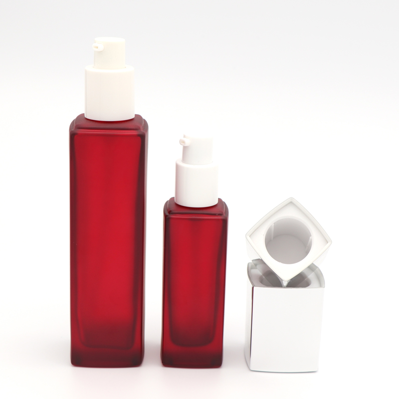 Hot 30g 50g 60ml 100ml 120ml Pump Lotion Bottles Red Square Air Tight Glass Jars