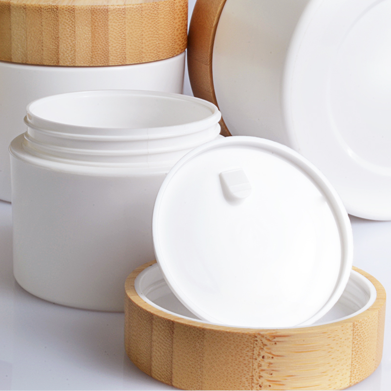 Hot 30g white plastic hard pet cosmetic cream jar with bamboo lid container bottle wholesales