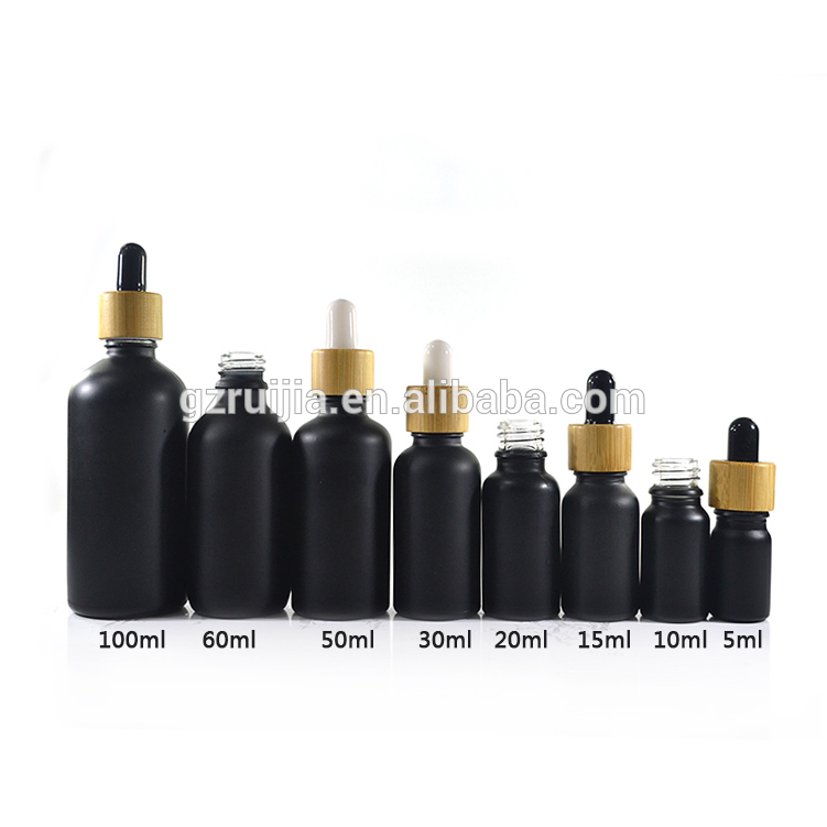 Hot 5ml 10ml 15ml 20ml 30ml 50ml 60ml 100ml bamboo cap essential oil bottle matte black red frosted glass bamboo dropper bottle