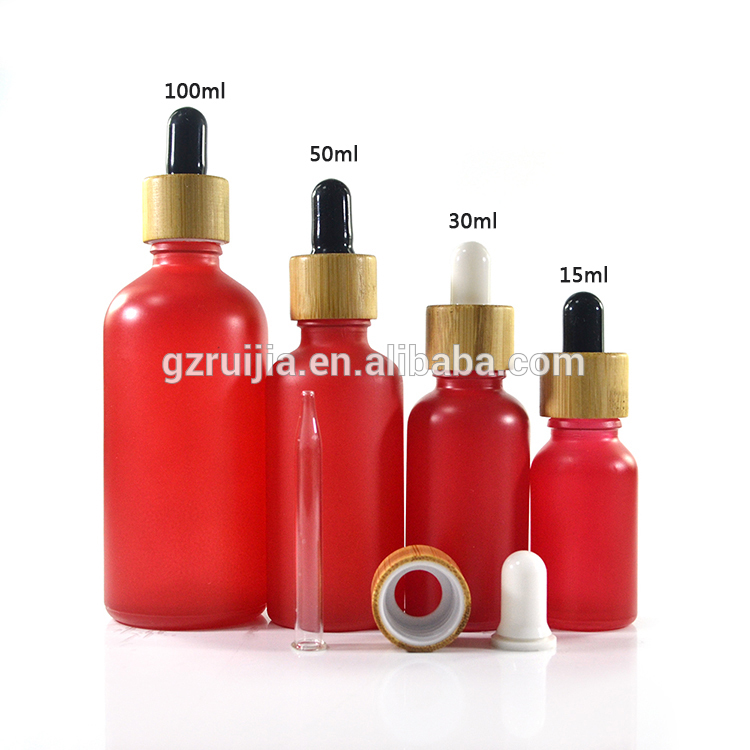 Hot 5ml 10ml 15ml 20ml 30ml 50ml 60ml 100ml bamboo cap essential oil bottle matte black red frosted glass bamboo dropper bottle