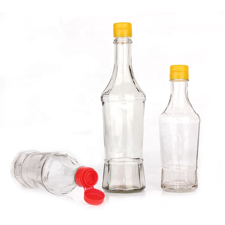 Hot Cheap 250ml clear round glass oil bottle with plastic lid for sauce sesame oil vinegar