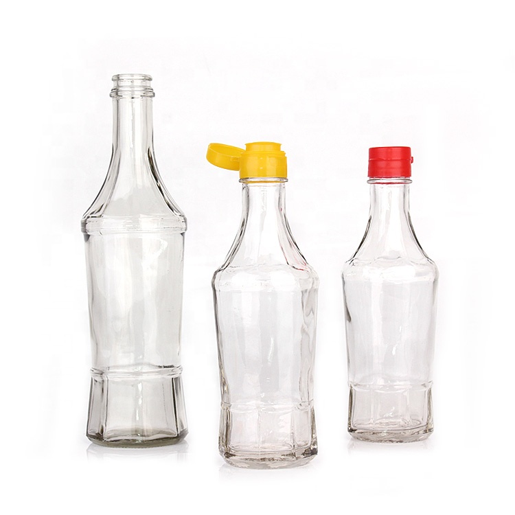 Hot Cheap 250ml clear round glass oil bottle with plastic lid for sauce sesame oil vinegar