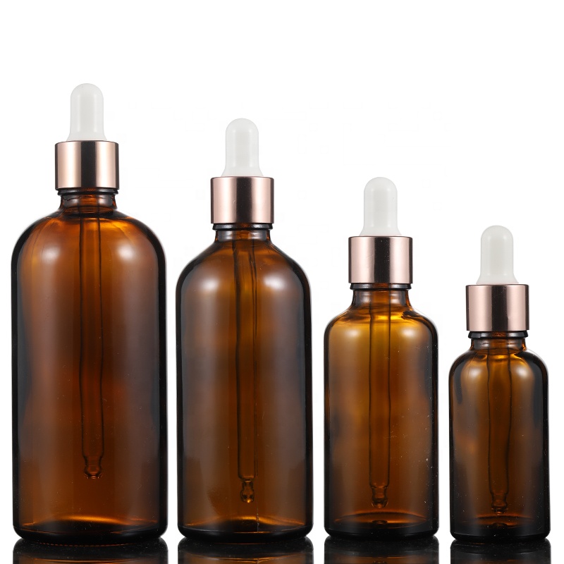 Hot Sale 10ml 20ml 30ml 50ml 100ml Amber Glass Dropper Bottle Glass Bottle with Rose Gold Dropper