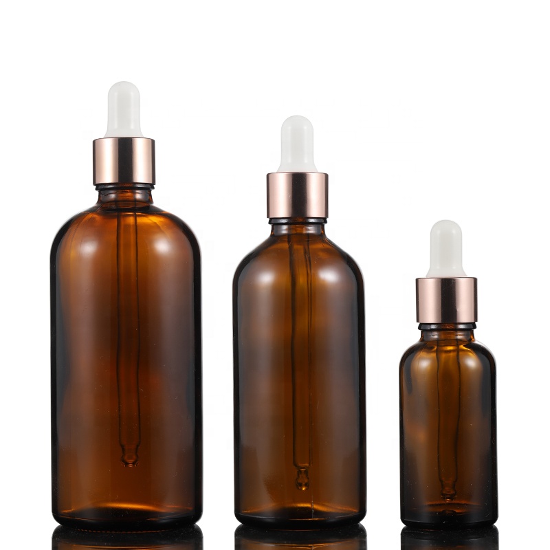 Hot Sale 10ml 20ml 30ml 50ml 100ml Amber Glass Dropper Bottle Glass Bottle with Rose Gold Dropper