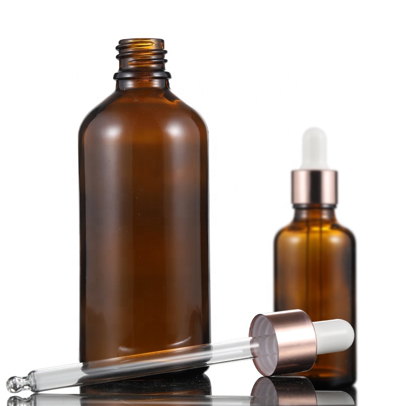 Hot Sale 10ml 20ml 30ml 50ml 100ml Amber Glass Dropper Bottle Glass Bottle with Rose Gold Dropper