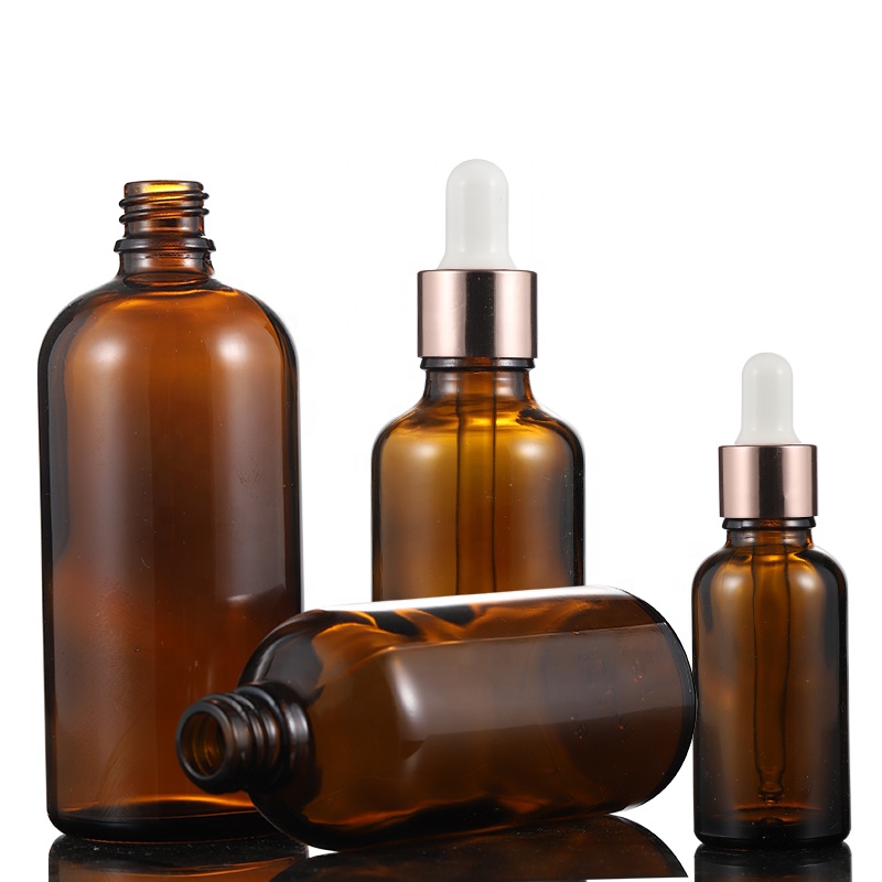 Hot Sale 10ml 20ml 30ml 50ml 100ml Amber Glass Dropper Bottle Glass Bottle with Rose Gold Dropper