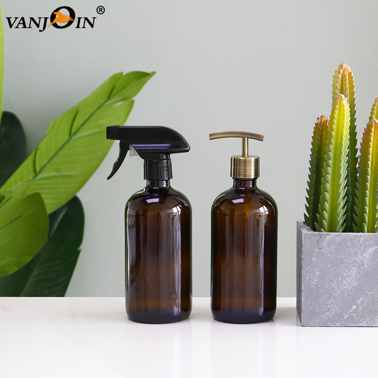 Hot Sale 16oz Black Round Glass Spray Bottle with Pumps for Hand Body Wash