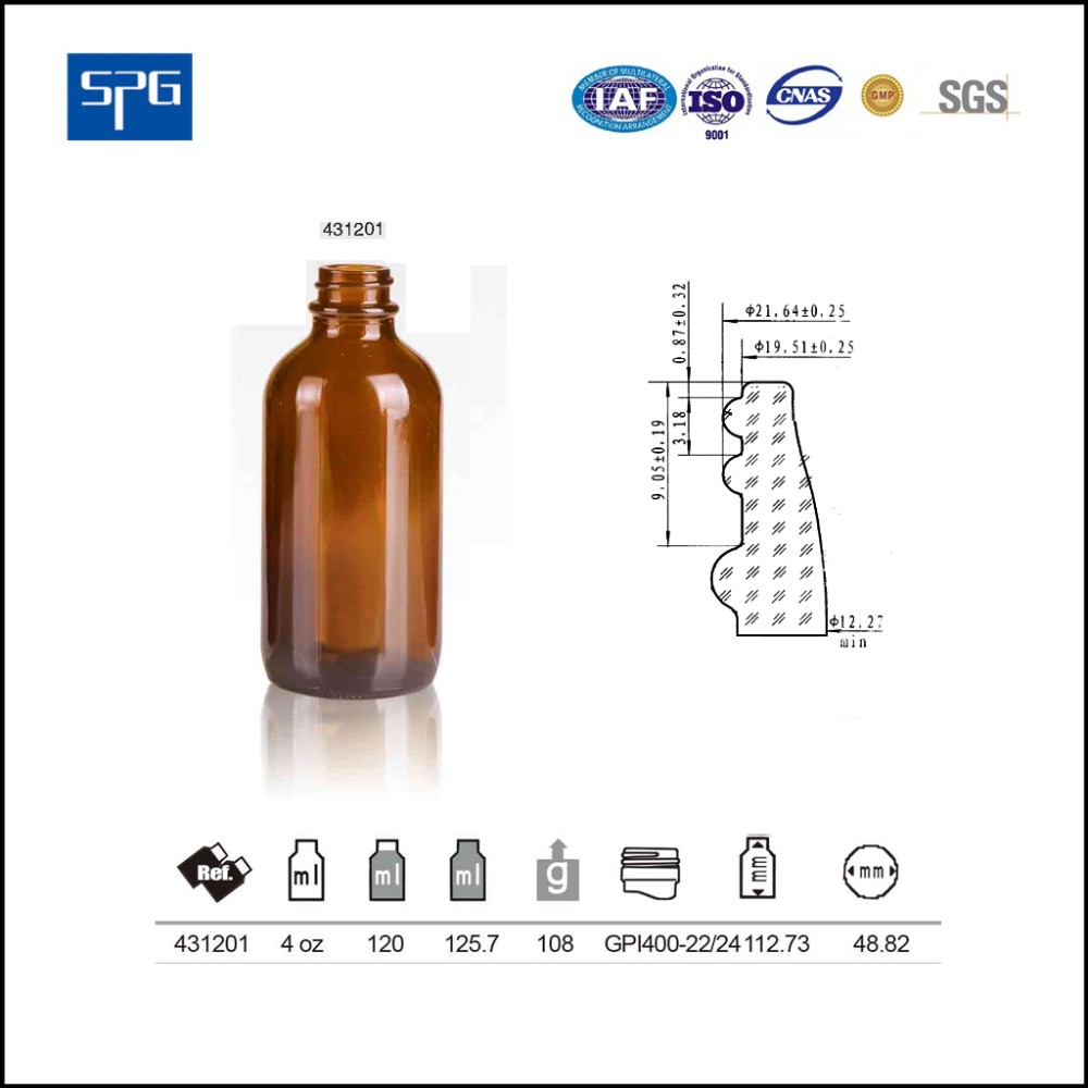 Hot Sale 4 OZ Amber Pharmaceutical Glass Bottle Boston Round Bottles GPI 400