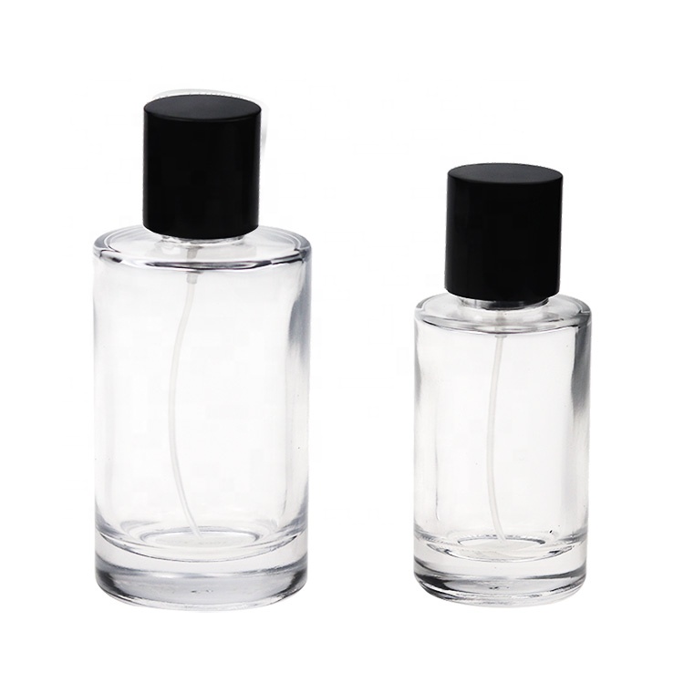 Hot Sale 50 Ml Cylinder Glass Perfume Bottle For Cosmetic Package With Black Cap