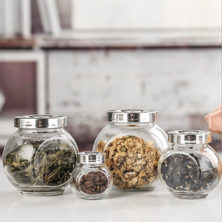 Hot Sale 50ml 100ml 180ml 280ml 380ml Penny Clear Tilt Storage Glass Candy Jar With Chrome Dome Lid