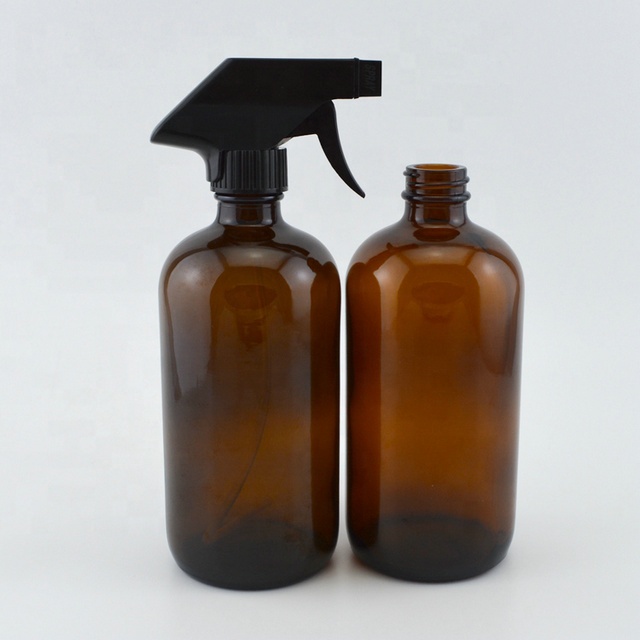 Hot Sale Amber Boston Round Glass Spray Oil Bottle with Trigger Sprayer 500ml 16 oz