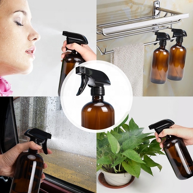 Hot Sale Amber Boston Round Glass Spray Oil Bottle with Trigger Sprayer 500ml 16 oz